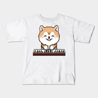 Kawaii Cute Dog Playing Piano Keyboard Kids T-Shirt